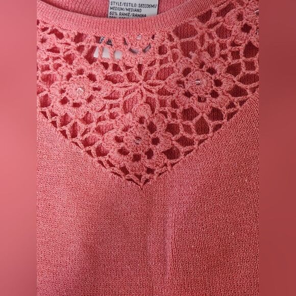 Vtg Sag Harbor  M Pink Knit Embroidery Beaded 3/4Slv RAMIEBlend Women TopSweater - Picture 4 of 7